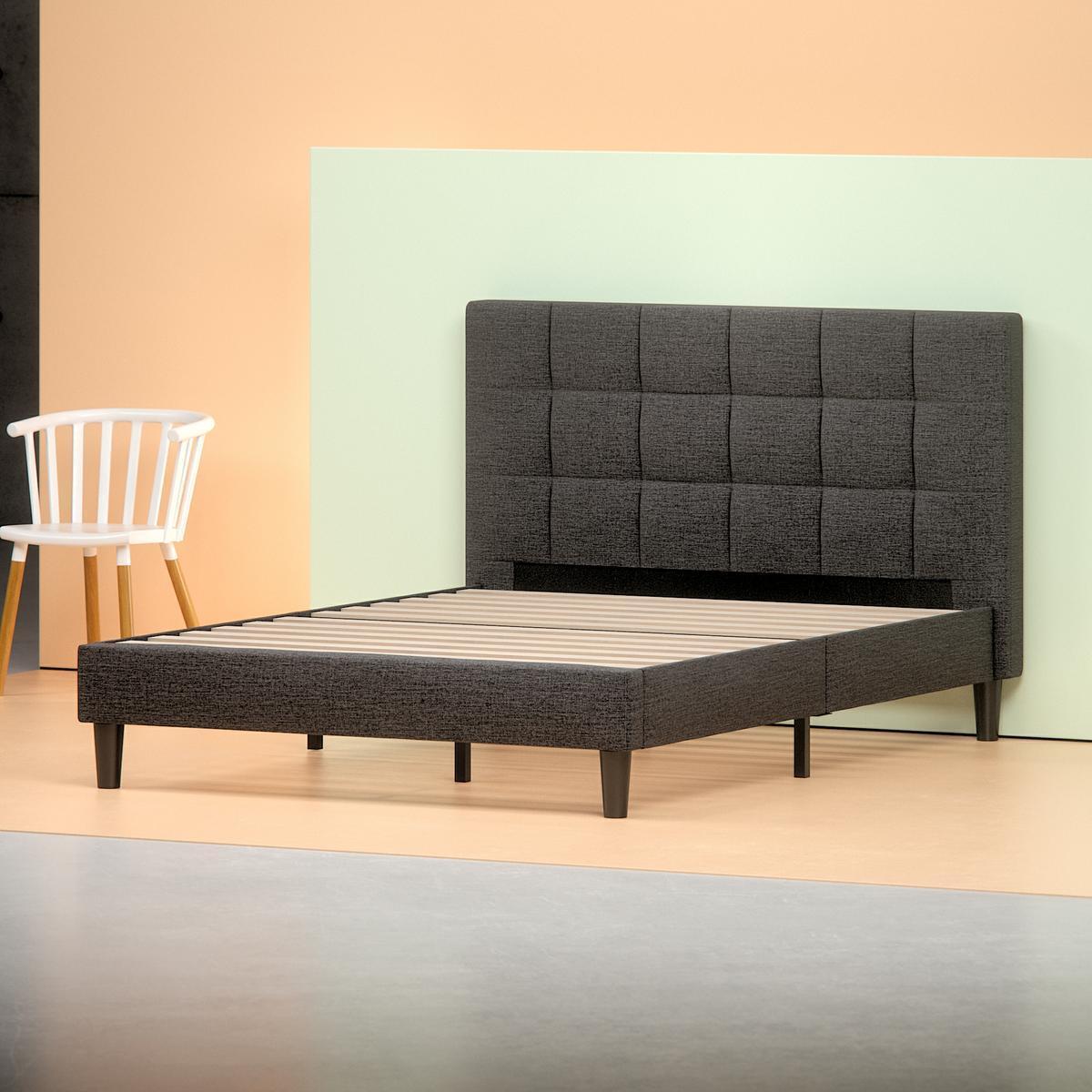 Upholstered Square Stitched Platform Bed Frame - angle shot