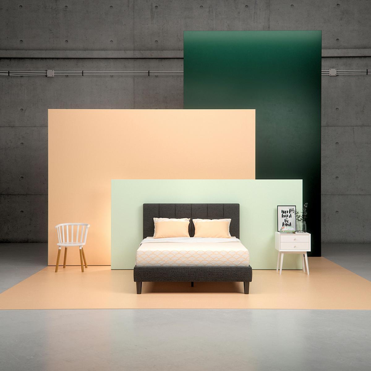 Upholstered Square Stitched Platform Bed Frame - wide shot