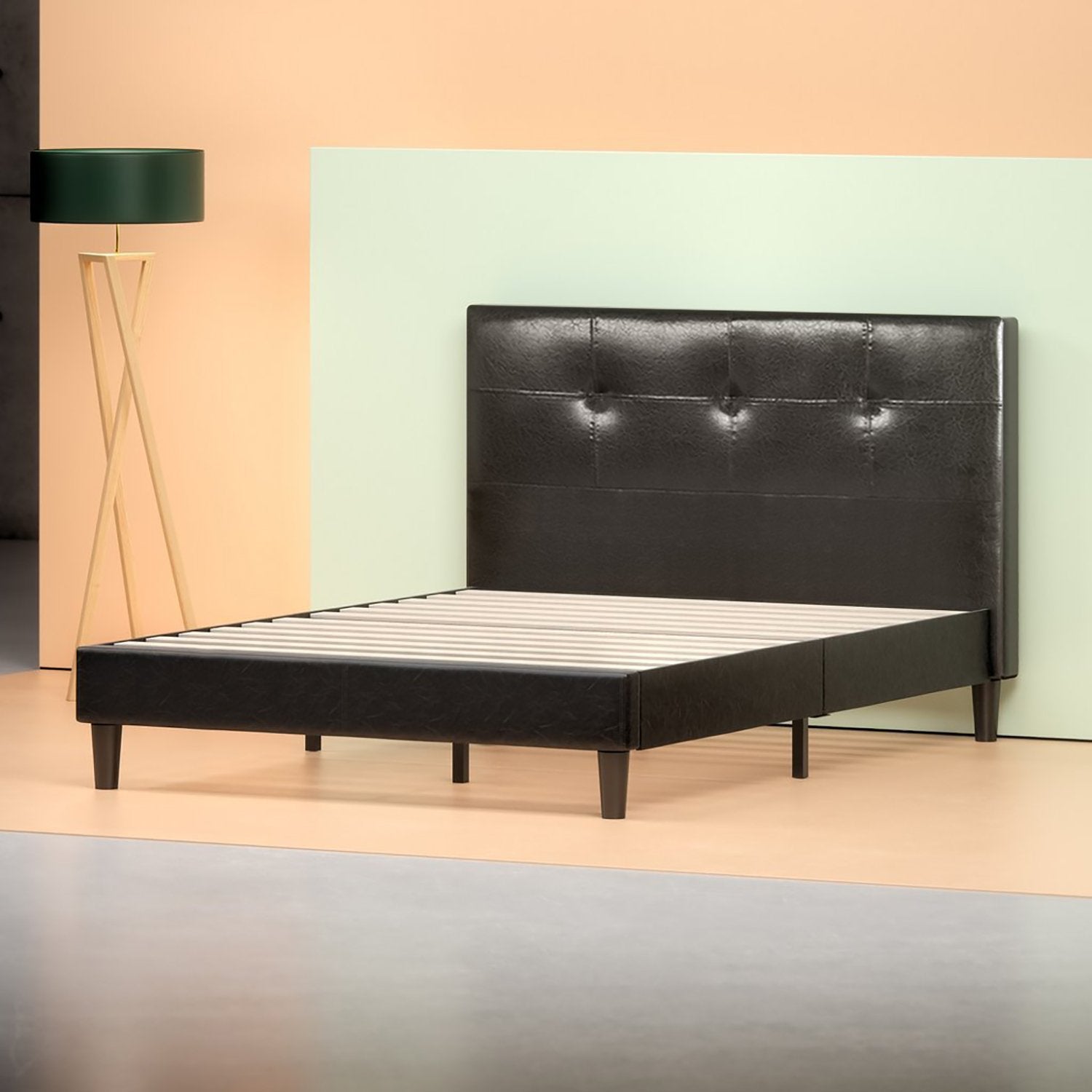 Faux Leather Detail-Stitched Platform Bed Frame