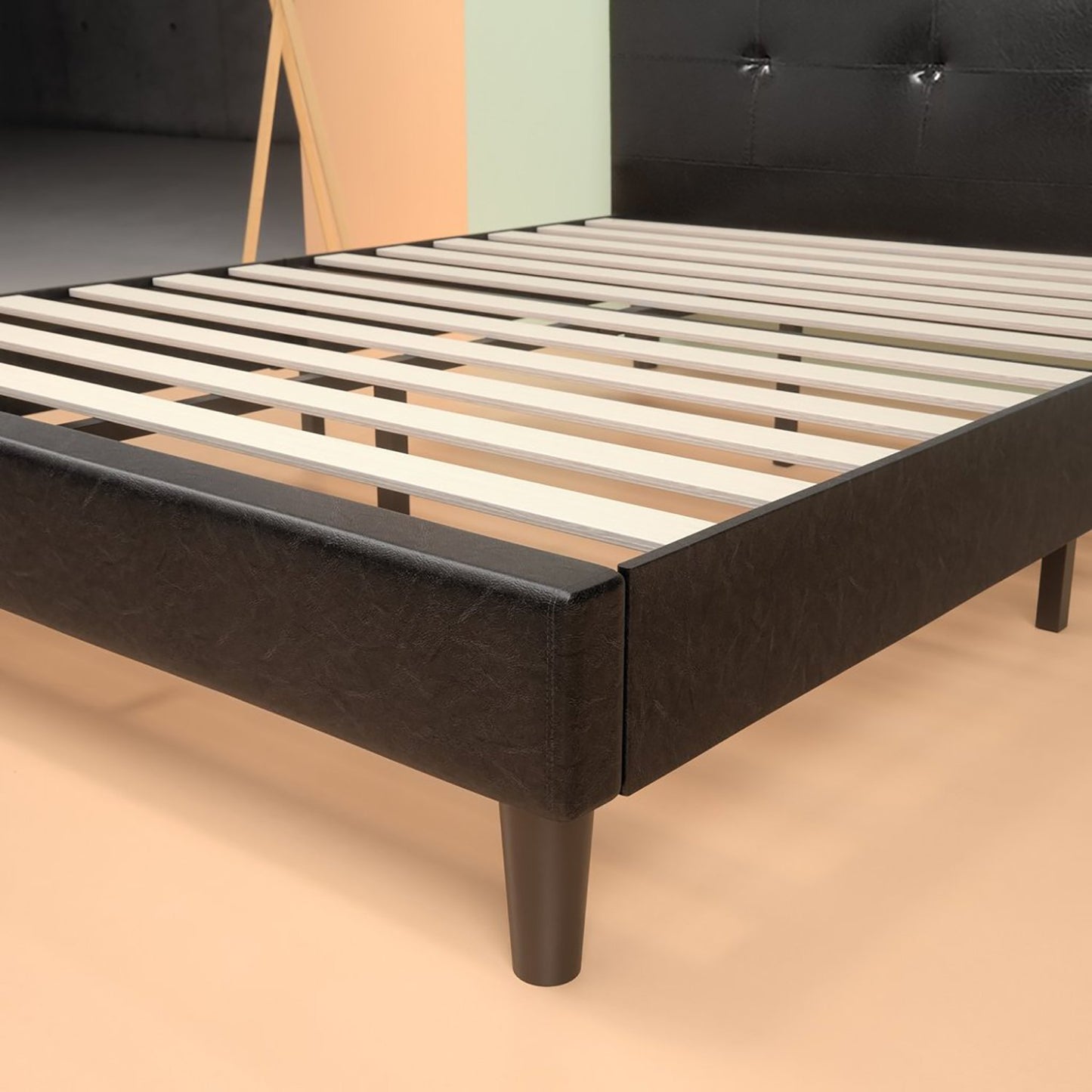 Faux Leather Detail-Stitched Platform Bed Frame