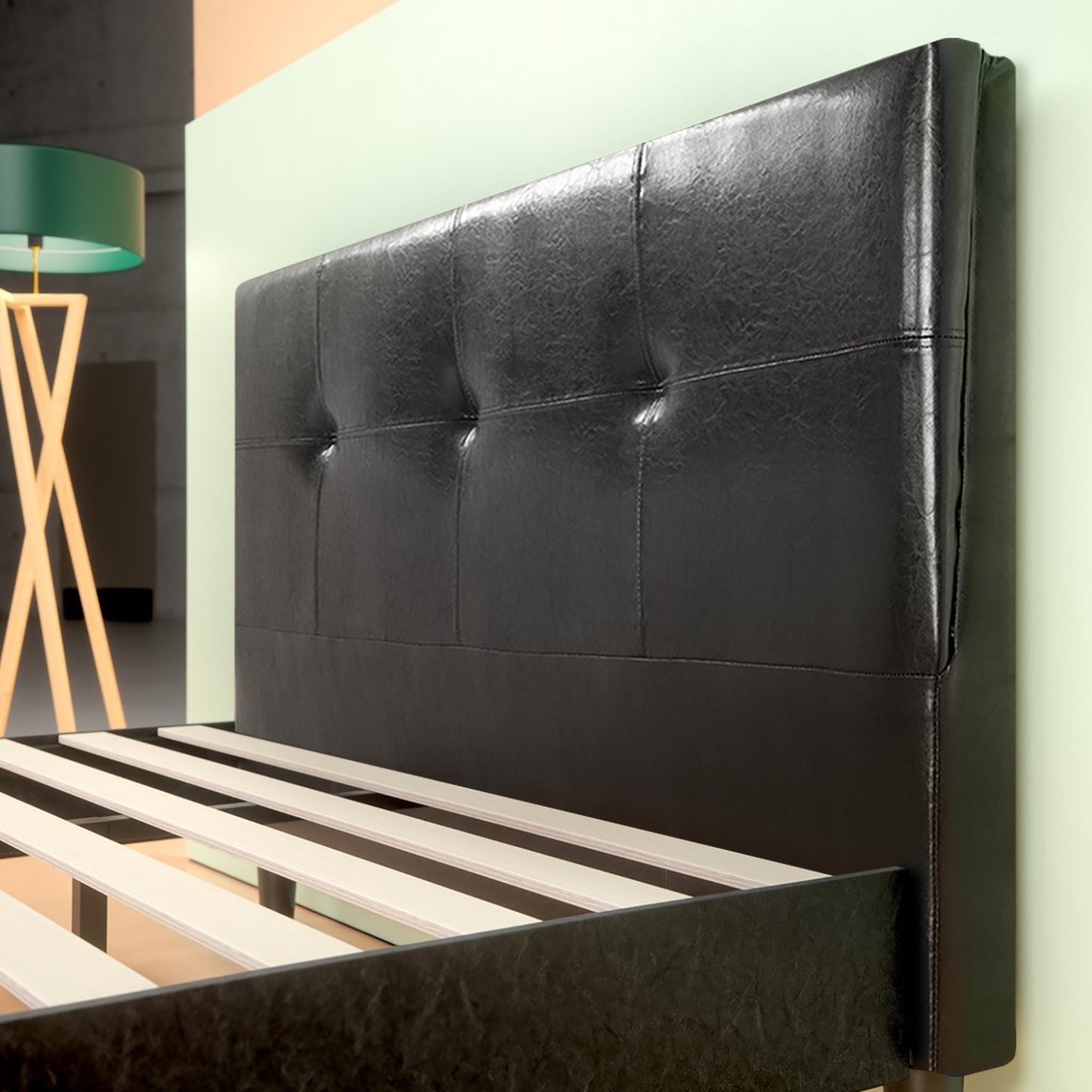Faux Leather Detail-Stitched Platform Bed Frame
